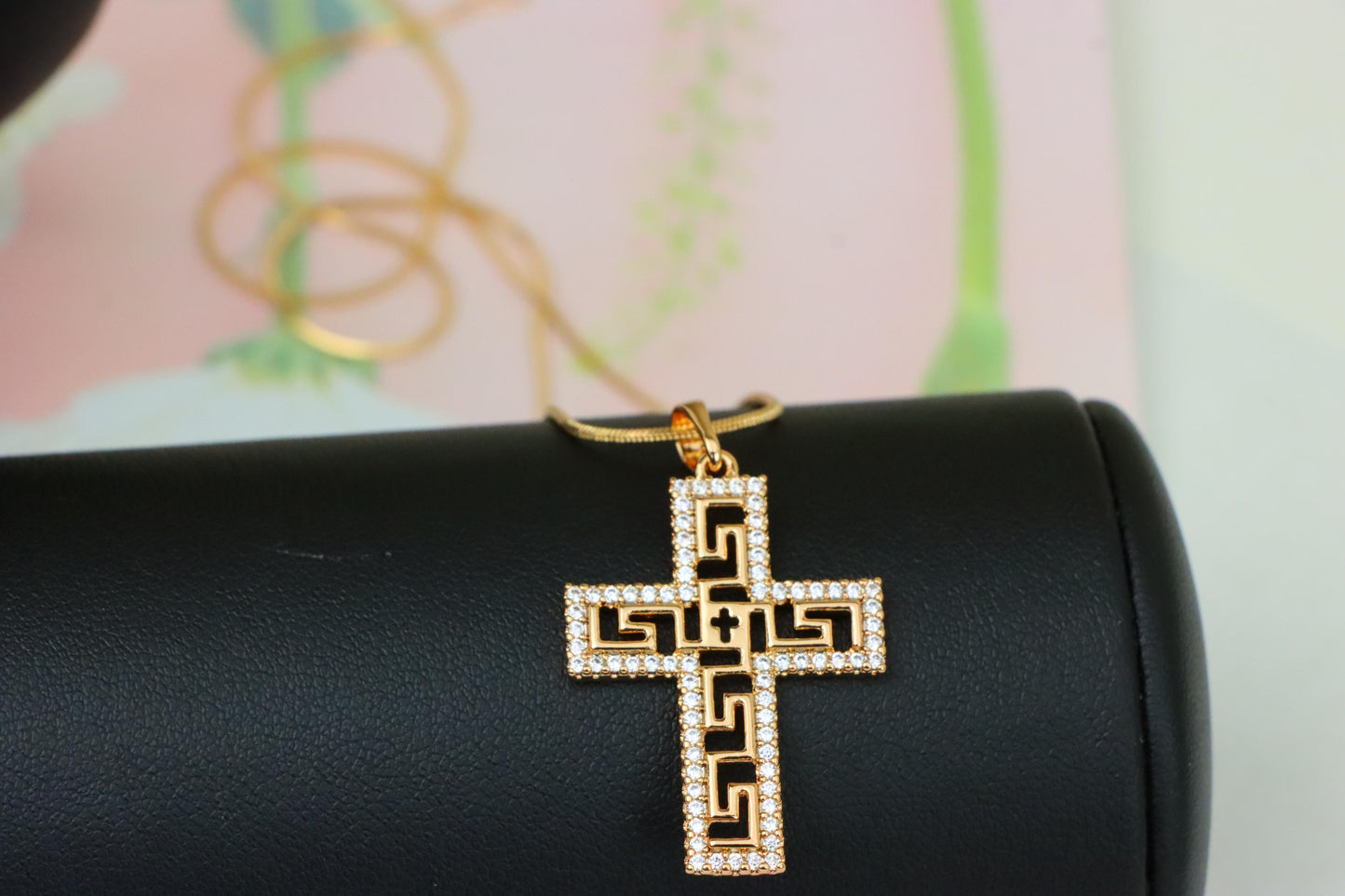 Rose Gold Cross Pendant with Greek Key and CZ Detail, XPPT1262 (2126-8)