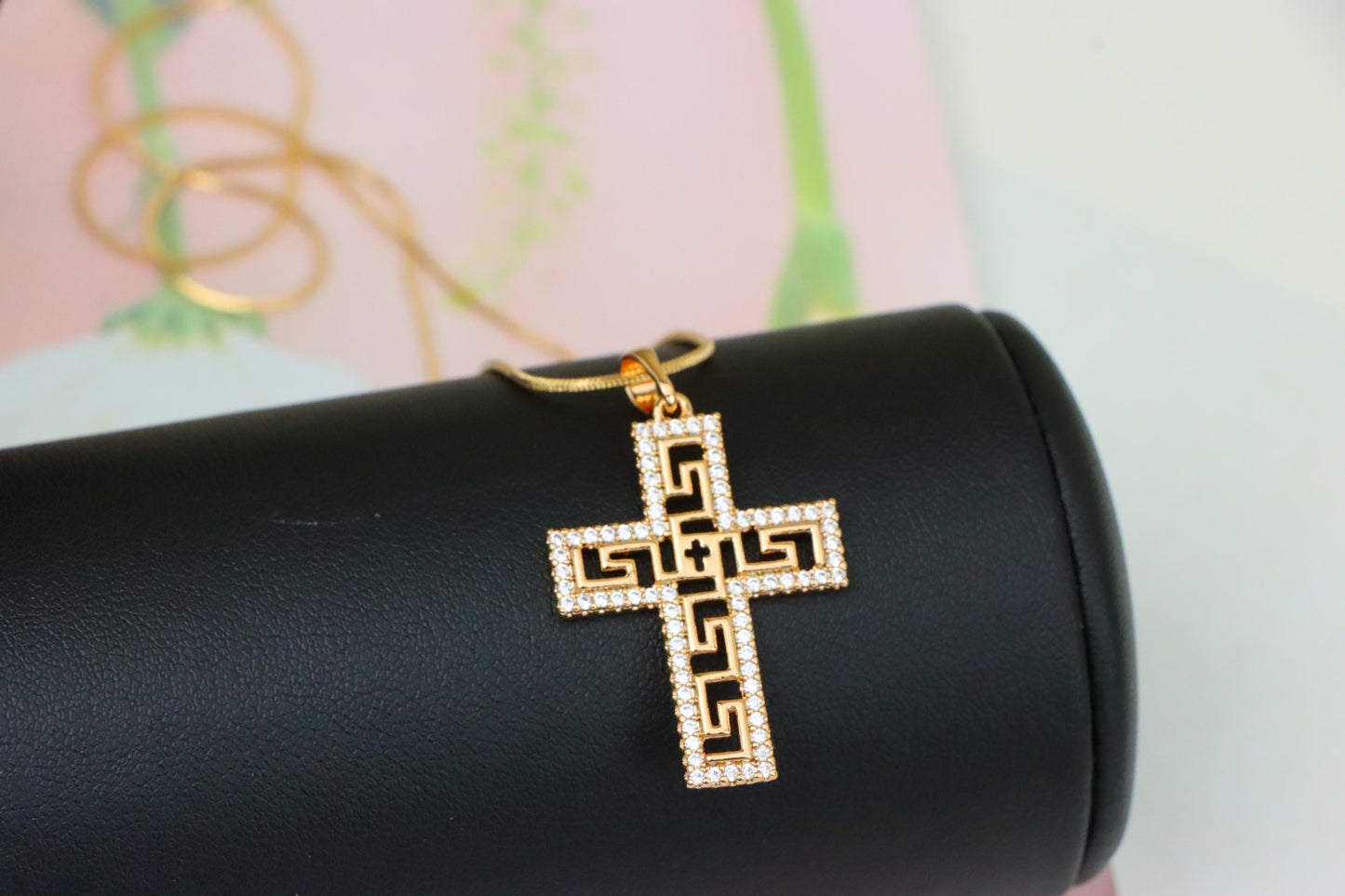 Rose Gold Cross Pendant with Greek Key and CZ Detail, XPPT1262 (2126-8)