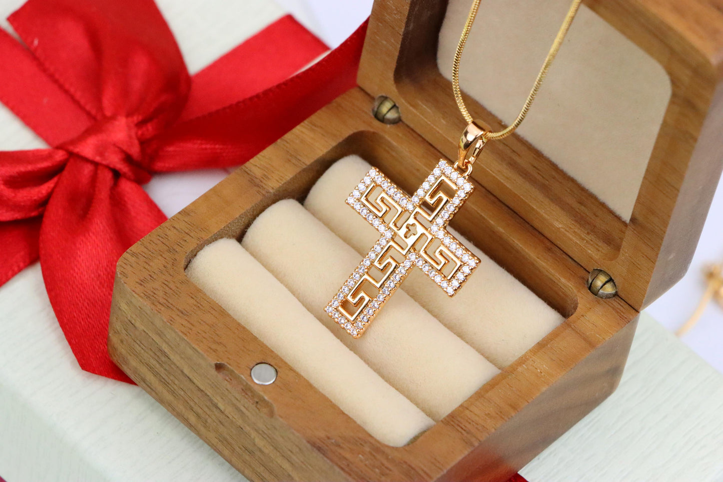 Rose Gold Cross Pendant with Greek Key and CZ Detail, XPPT1262 (2126-8)