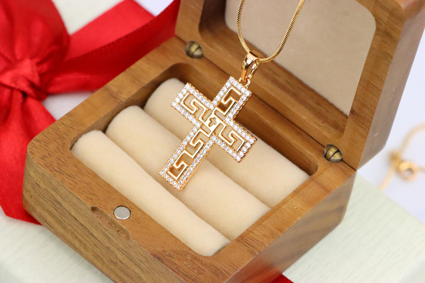 Rose Gold Cross Pendant with Greek Key and CZ Detail, XPPT1262 (2126-8)