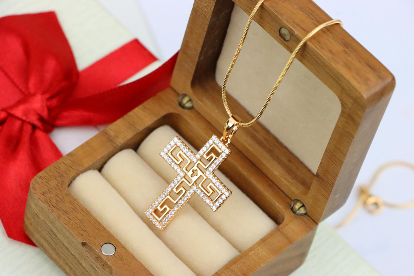 Rose Gold Cross Pendant with Greek Key and CZ Detail, XPPT1262 (2126-8)
