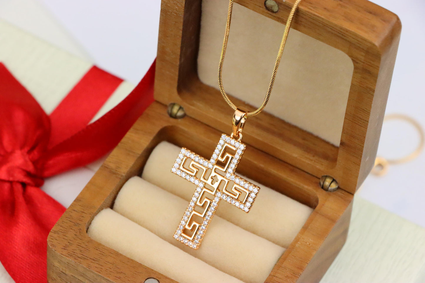 Rose Gold Cross Pendant with Greek Key and CZ Detail, XPPT1262 (2126-8)