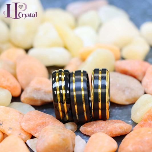 Pinstripe Black & Yellow IP Plated Beveled Edge Tungsten Ring (MARET918)