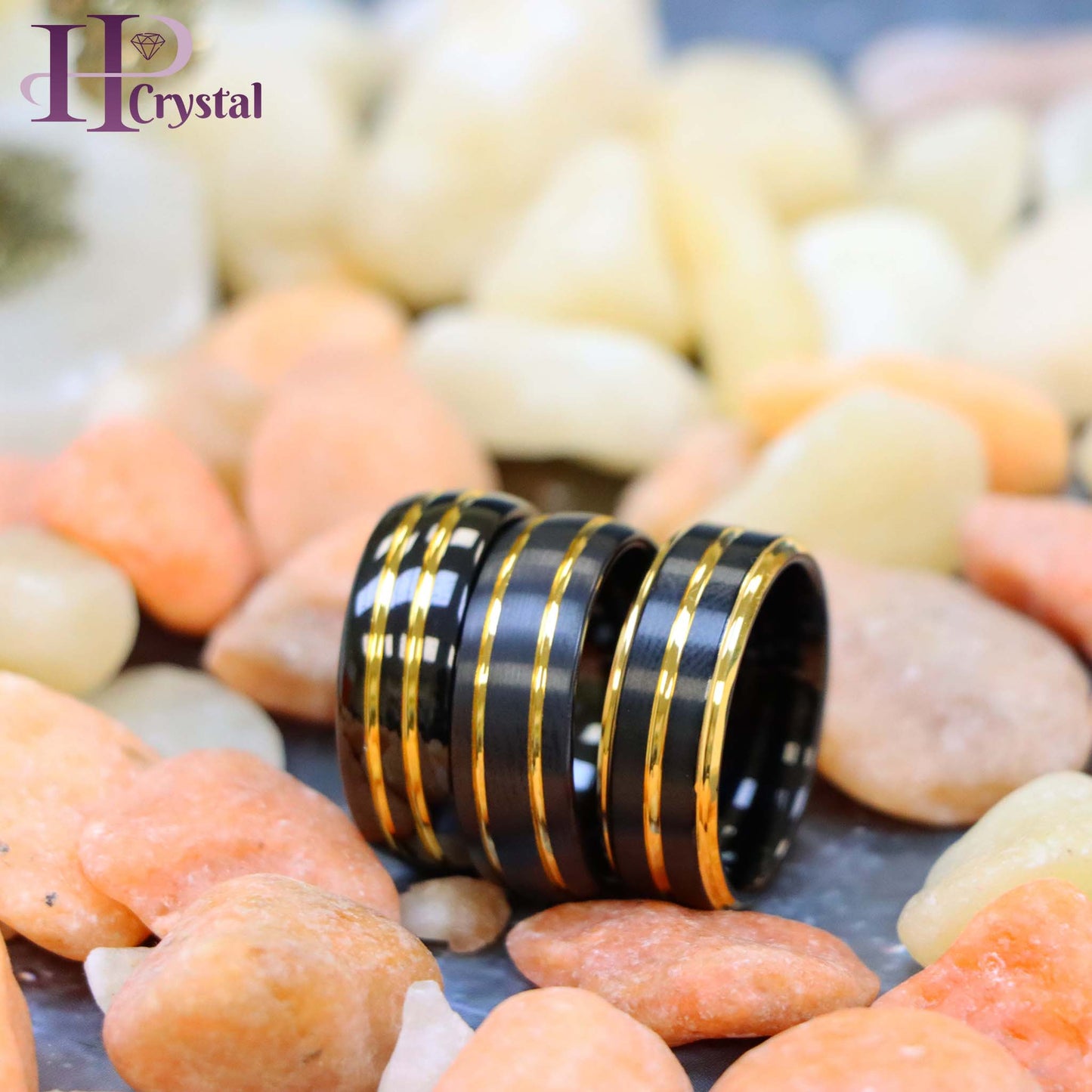Pinstripe Black & Yellow IP Plated Beveled Edge Tungsten Ring