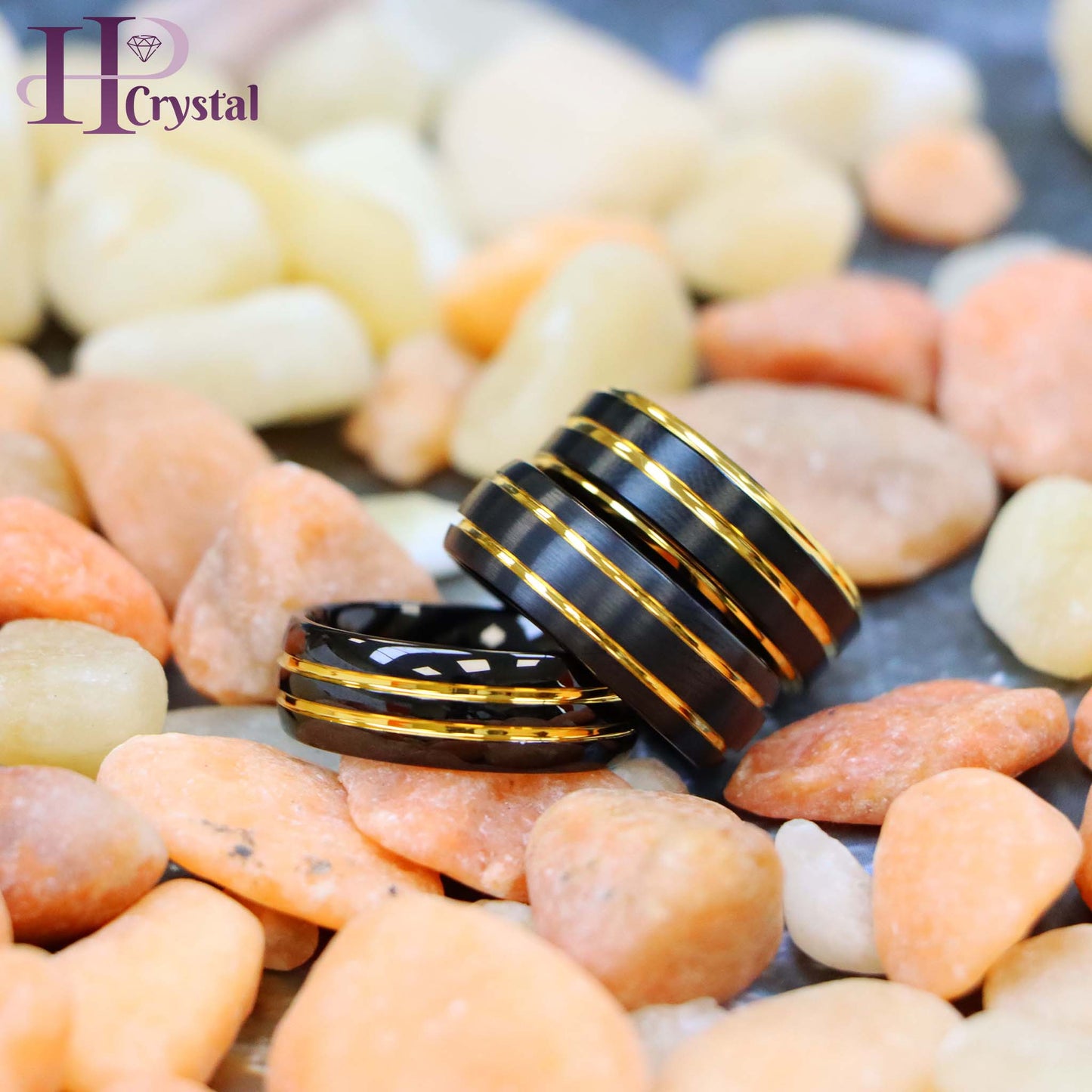 Pinstripe Black & Yellow IP Plated Beveled Edge Tungsten Ring