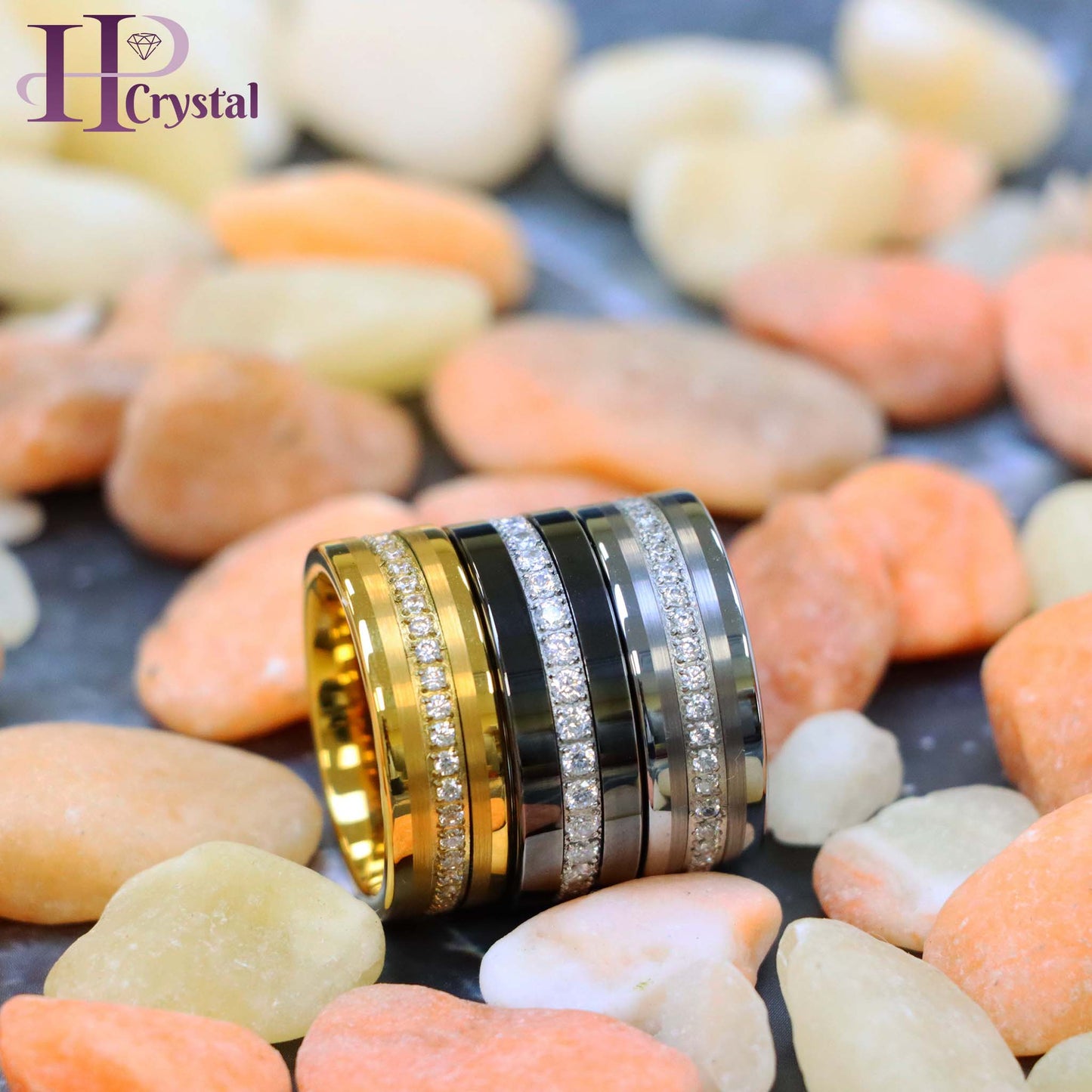 Yellow IP/Silver/Black IP Plated Pipe-Cut Brushed Center Prong-Set Round-Cut Cubic Zirconia Eternity Tungsten Ring