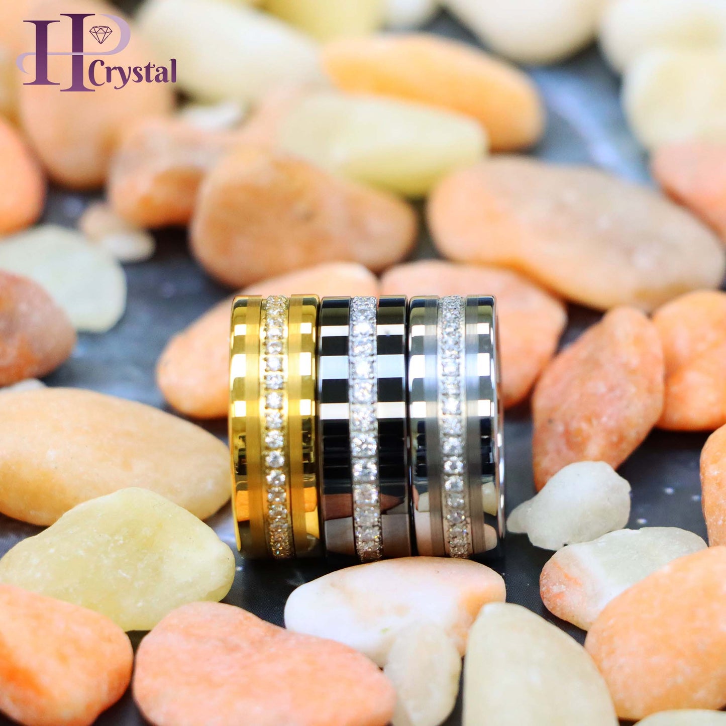 Yellow IP/Silver/Black IP Plated Pipe-Cut Brushed Center Prong-Set Round-Cut Cubic Zirconia Eternity Tungsten Ring