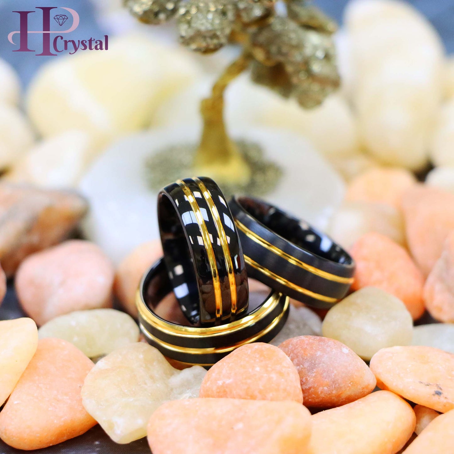Pinstripe Black & Yellow IP Plated Beveled Edge Tungsten Ring