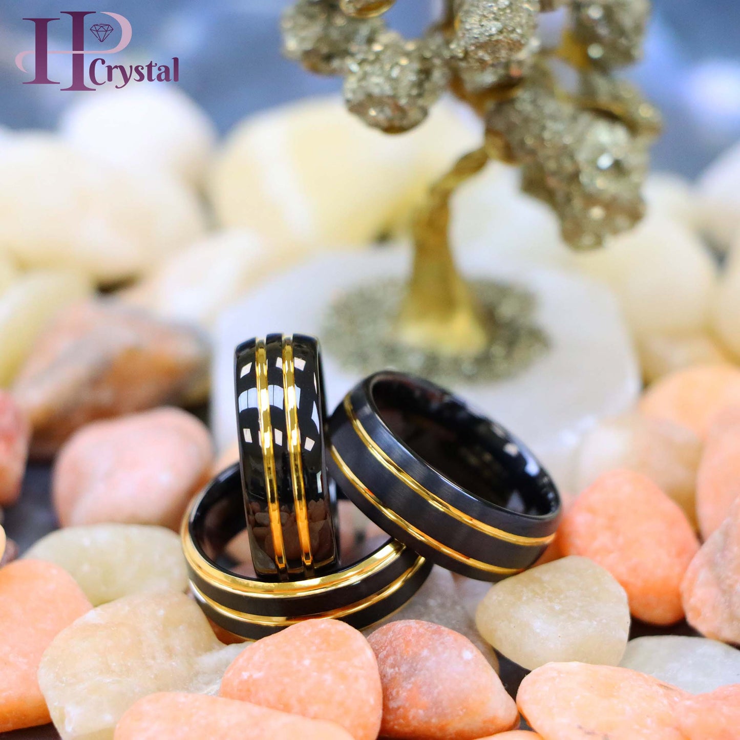 Pinstripe Black & Yellow IP Plated Beveled Edge Tungsten Ring