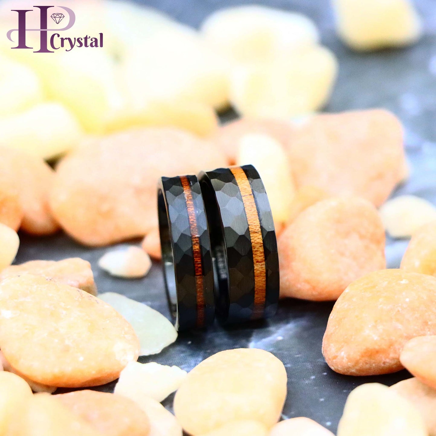 Black IP Plated Hammered Tungsten Ring with Hawaiian Koa Wood Inlay