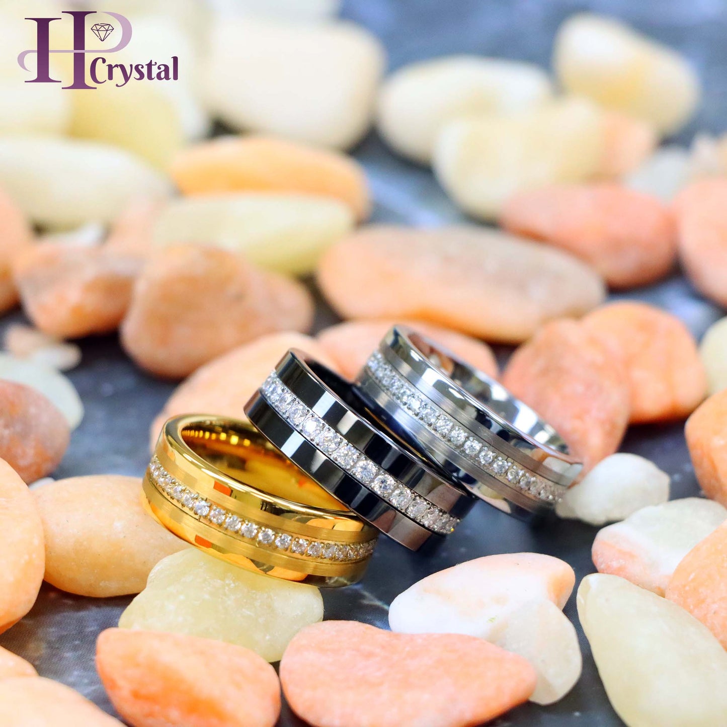 Yellow IP/Silver/Black IP Plated Pipe-Cut Brushed Center Prong-Set Round-Cut Cubic Zirconia Eternity Tungsten Ring