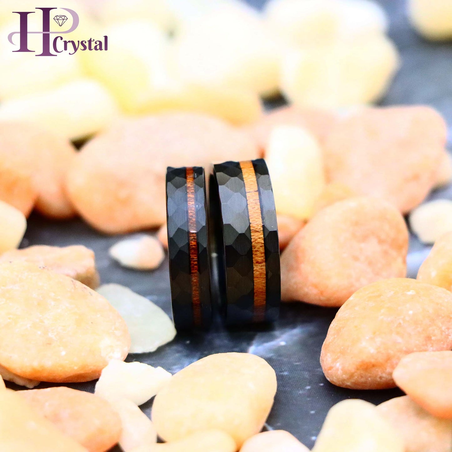 Black IP Plated Hammered Tungsten Ring with Hawaiian Koa Wood Inlay