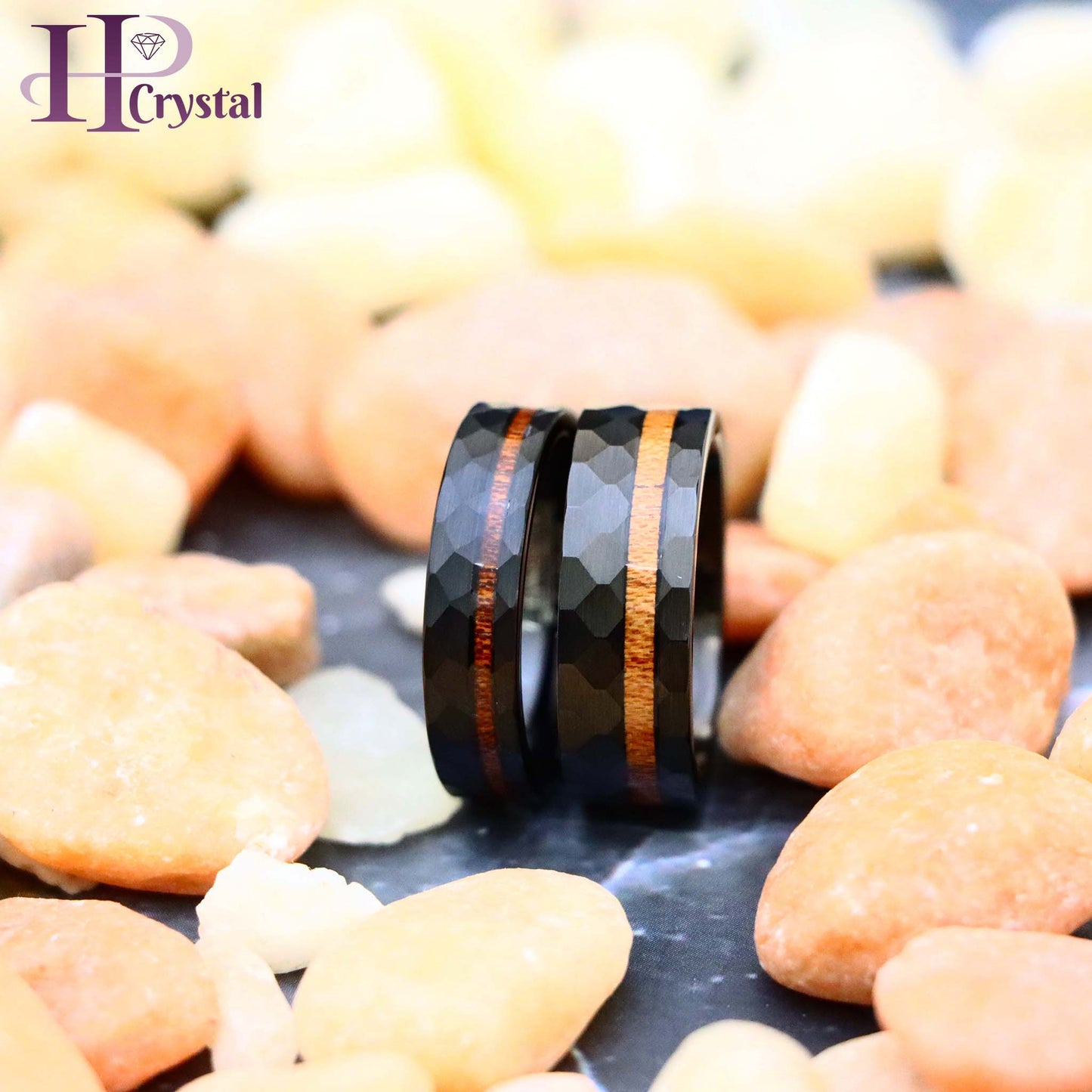 Black IP Plated Hammered Tungsten Ring with Hawaiian Koa Wood Inlay