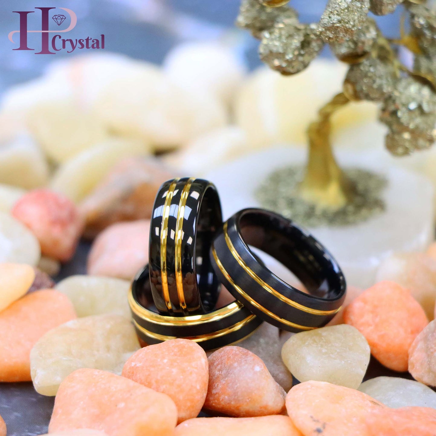 Pinstripe Black & Yellow IP Plated Beveled Edge Tungsten Ring