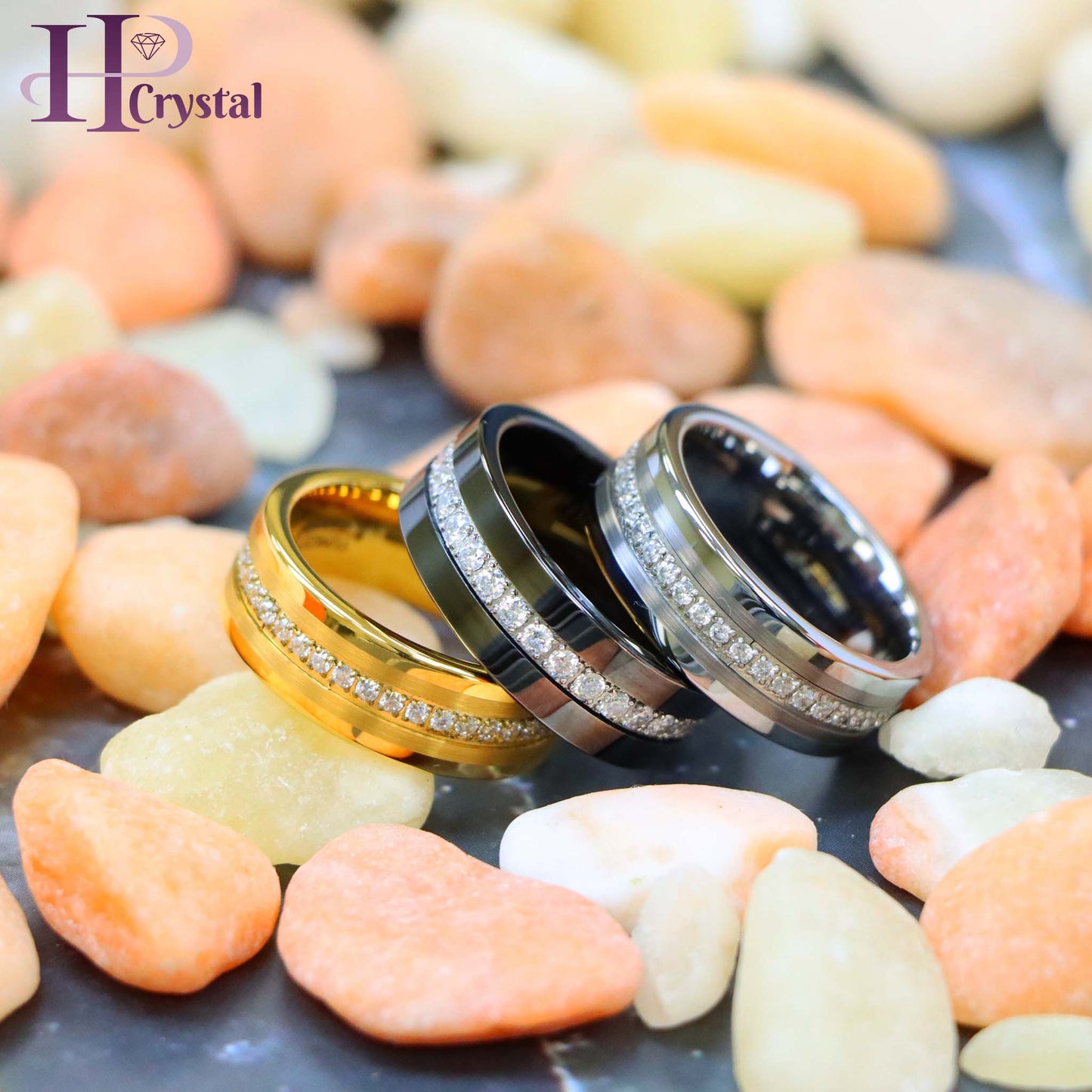 Yellow IP/Silver/Black IP Plated Pipe-Cut Brushed Center Prong-Set Round-Cut Cubic Zirconia Eternity Tungsten Ring