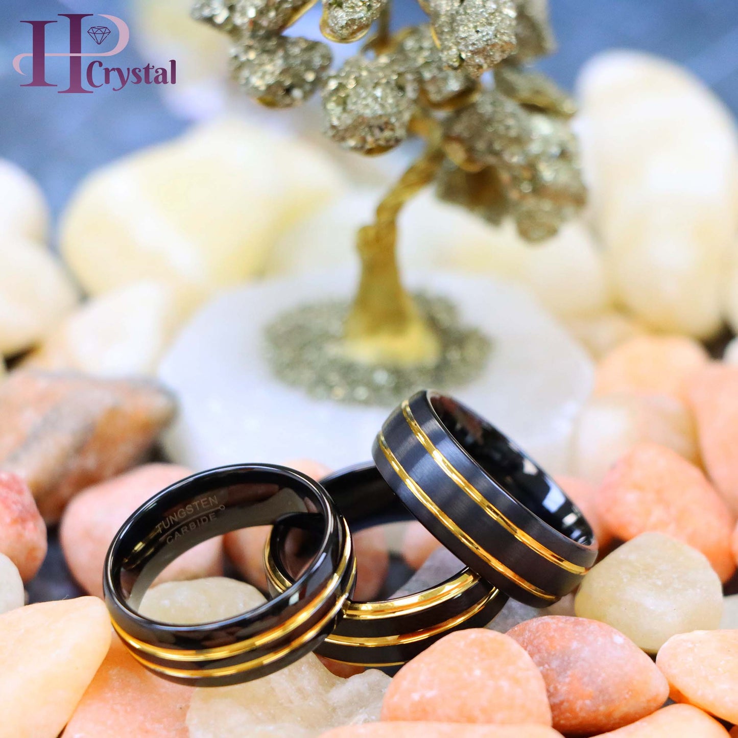 Pinstripe Black & Yellow IP Plated Beveled Edge Tungsten Ring