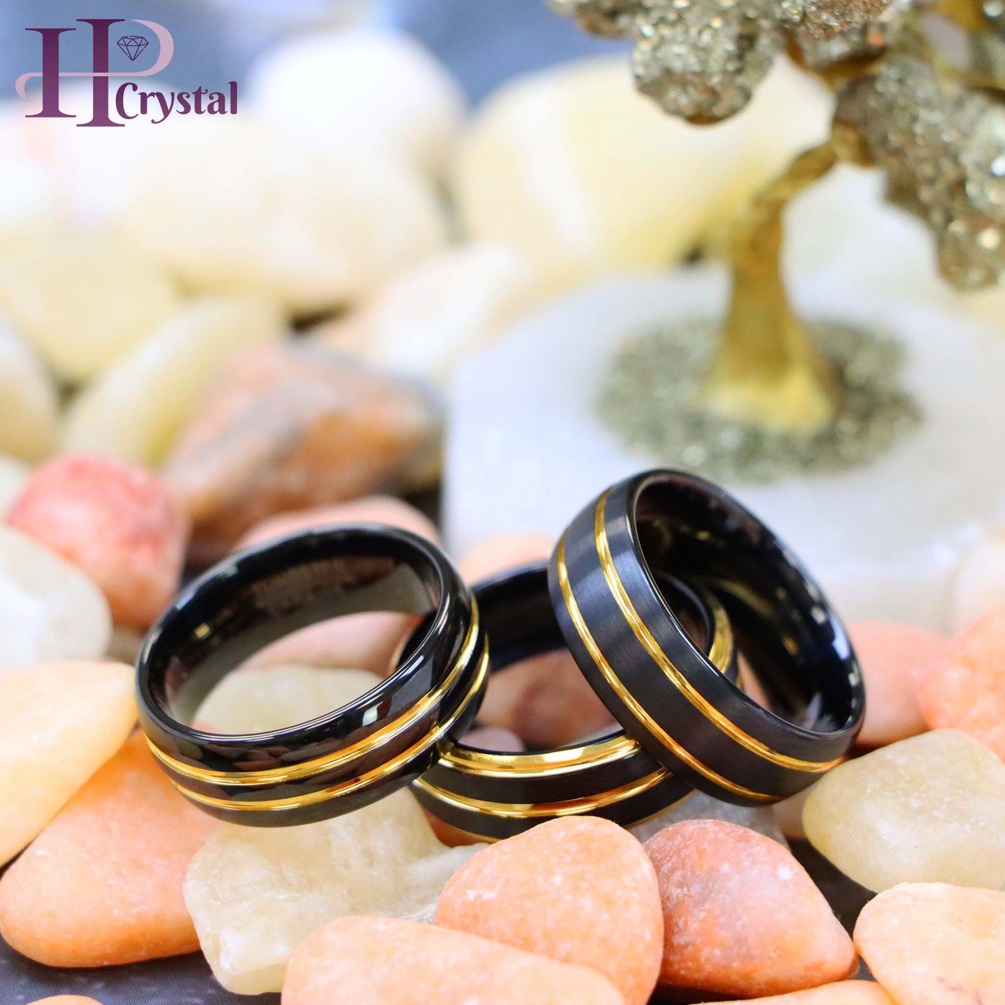 Pinstripe Black & Yellow IP Plated Beveled Edge Tungsten Ring
