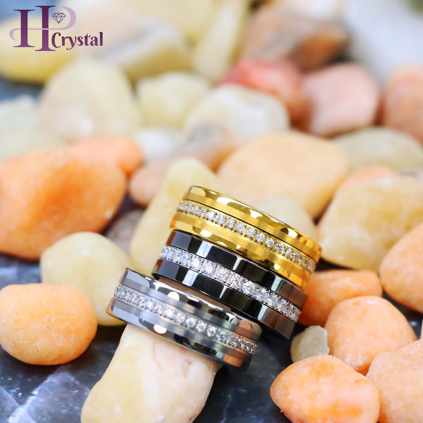 Yellow IP/Silver/Black IP Plated Pipe-Cut Brushed Center Prong-Set Round-Cut Cubic Zirconia Eternity Tungsten Ring