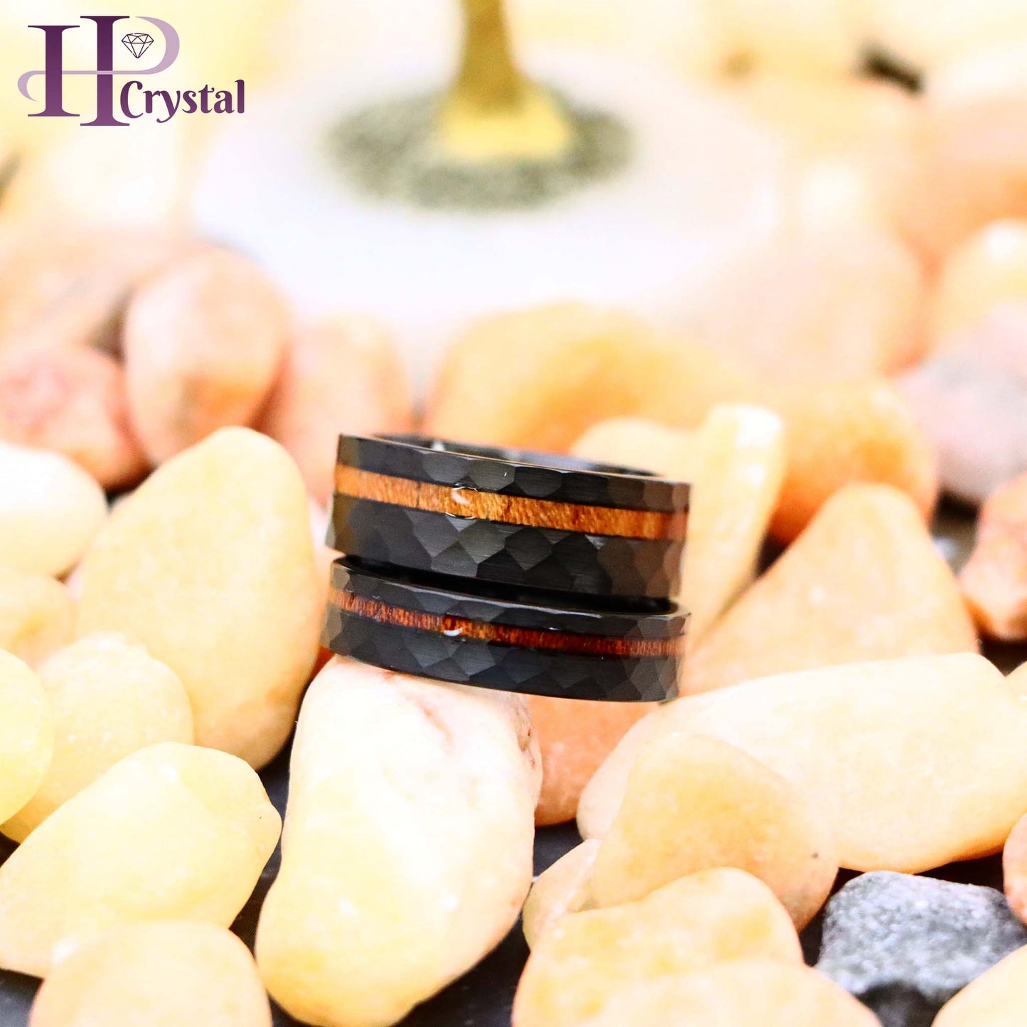 Black IP Plated Hammered Tungsten Ring with Hawaiian Koa Wood Inlay