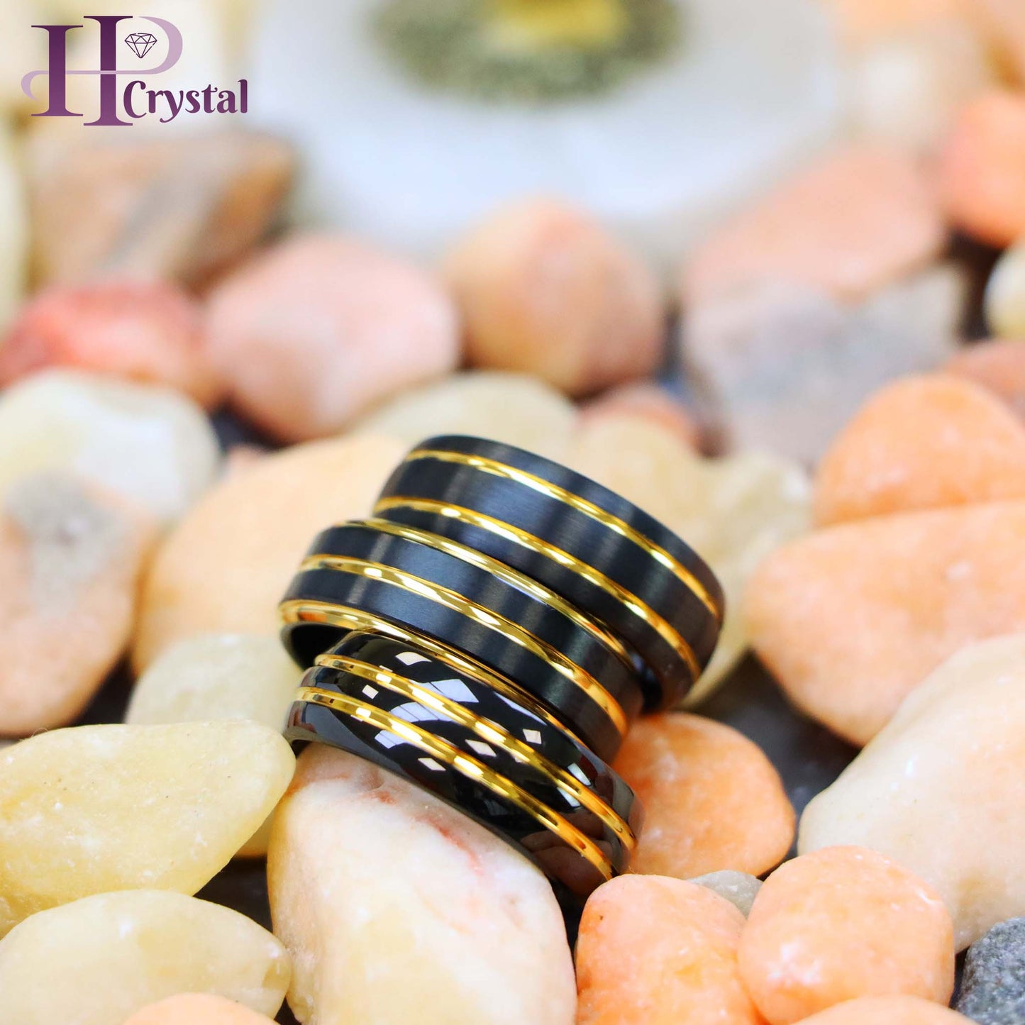 Pinstripe Black & Yellow IP Plated Beveled Edge Tungsten Ring