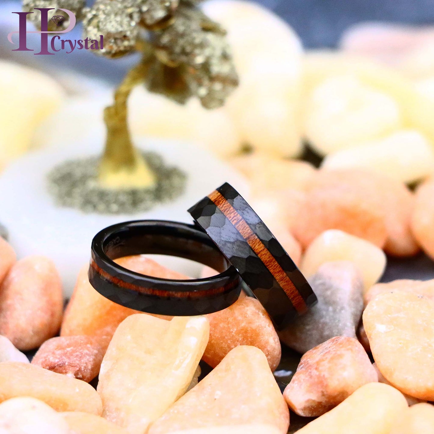 Black IP Plated Hammered Tungsten Ring with Hawaiian Koa Wood Inlay