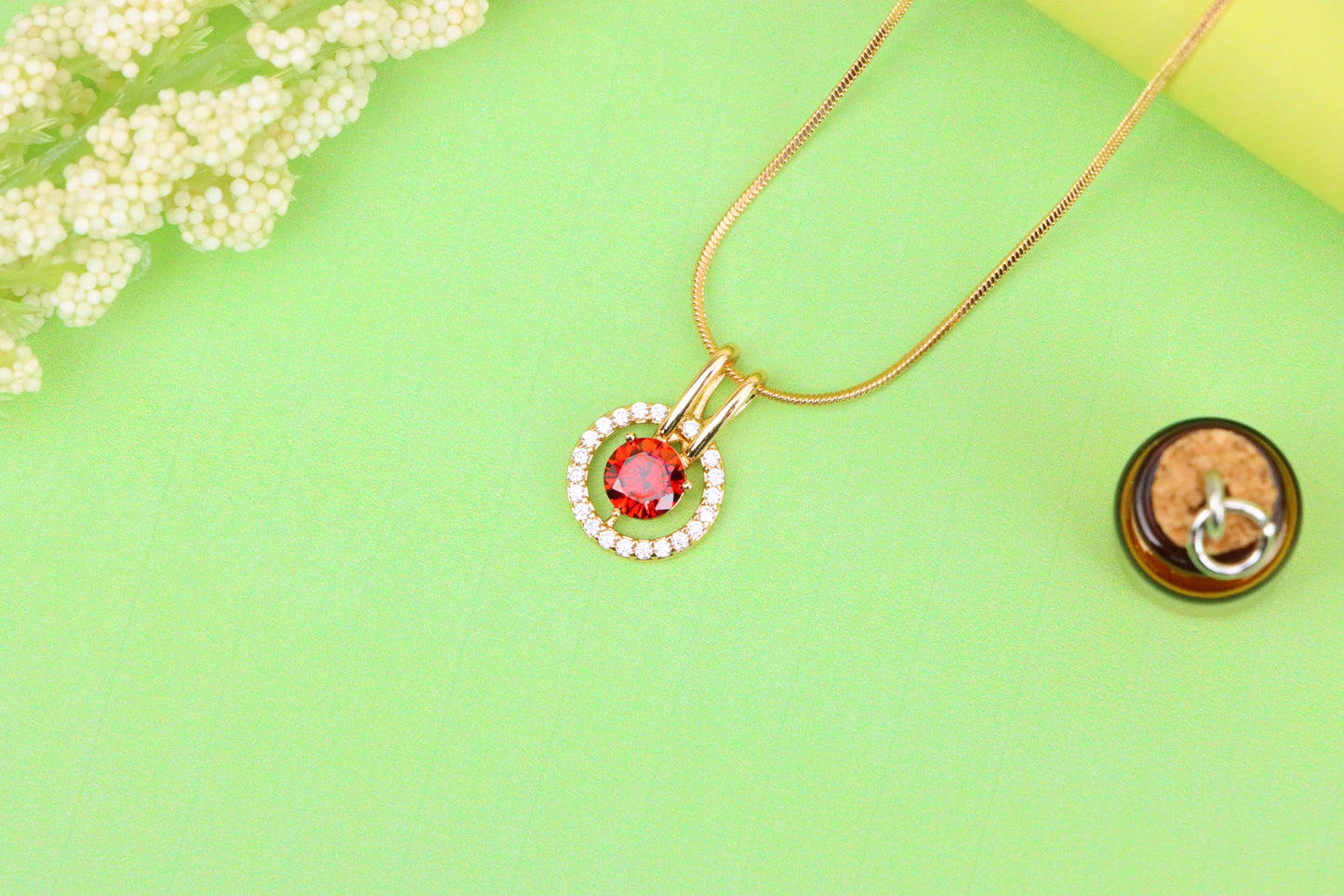 Elegant Red Halo Pendant in Gold Plated Brass with Crystal Accent, XPPT1710 (2150-7)