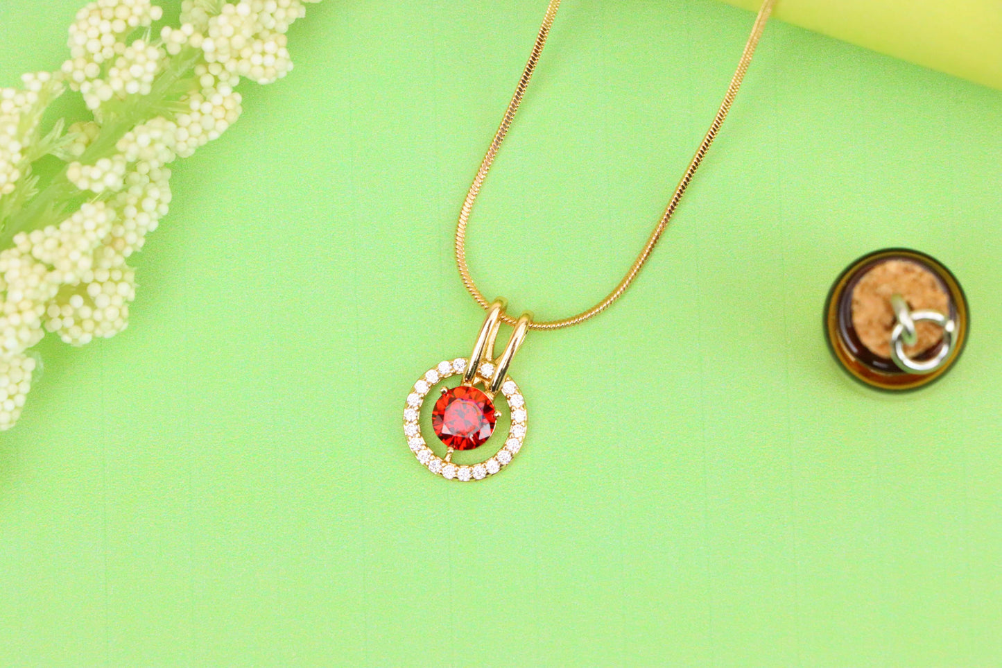 Elegant Red Halo Pendant in Gold Plated Brass with Crystal Accent, XPPT1710 (2150-7)