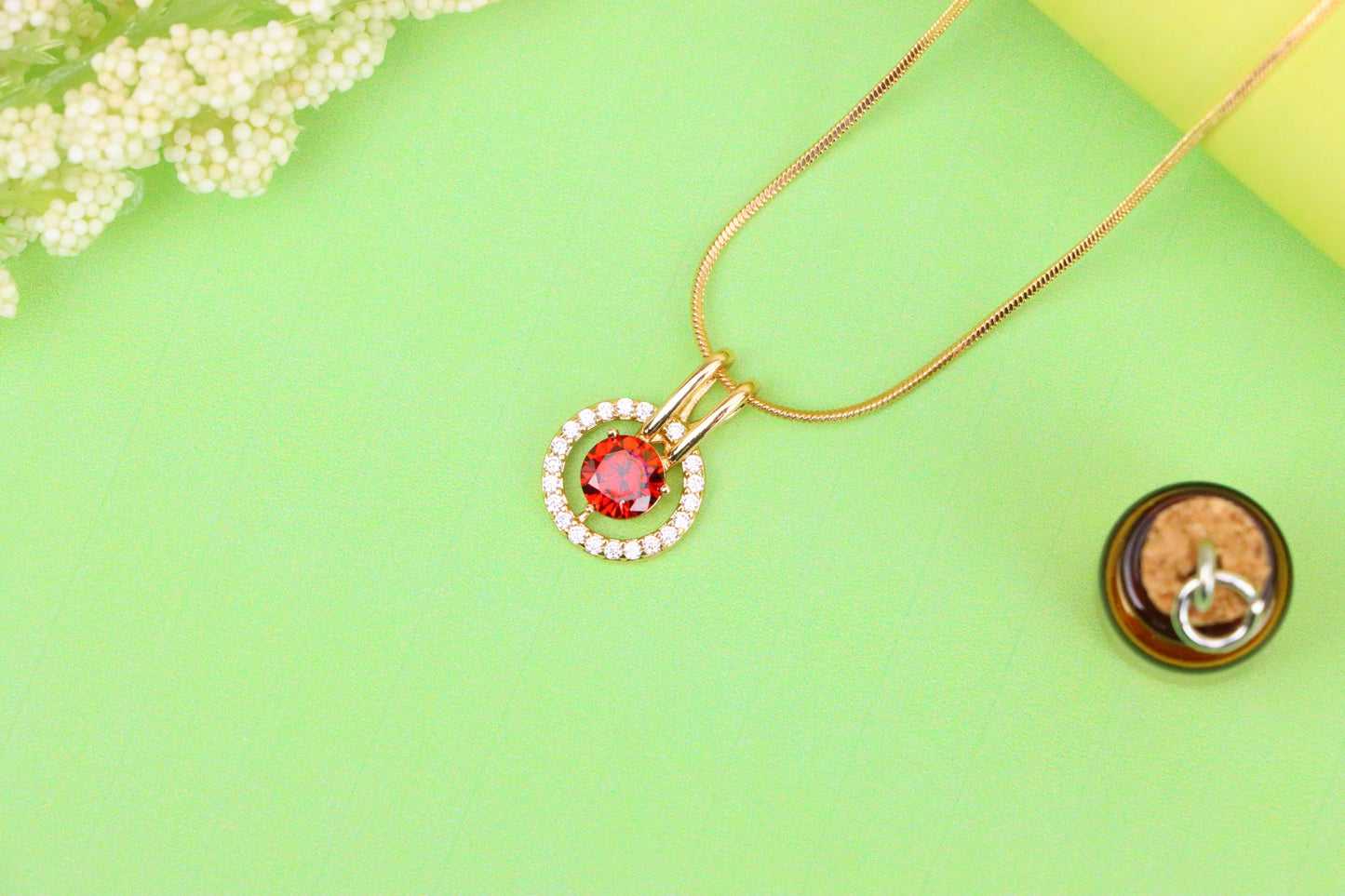 Elegant Red Halo Pendant in Gold Plated Brass with Crystal Accent, XPPT1710 (2150-7)