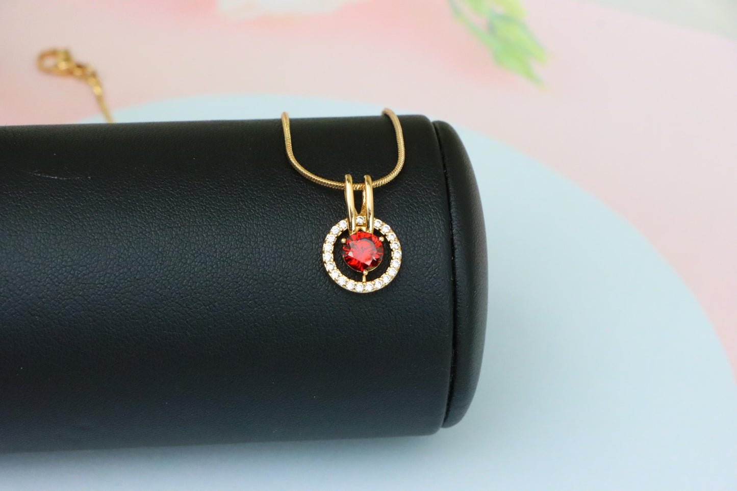 Elegant Red Halo Pendant in Gold Plated Brass with Crystal Accent, XPPT1710 (2150-7)
