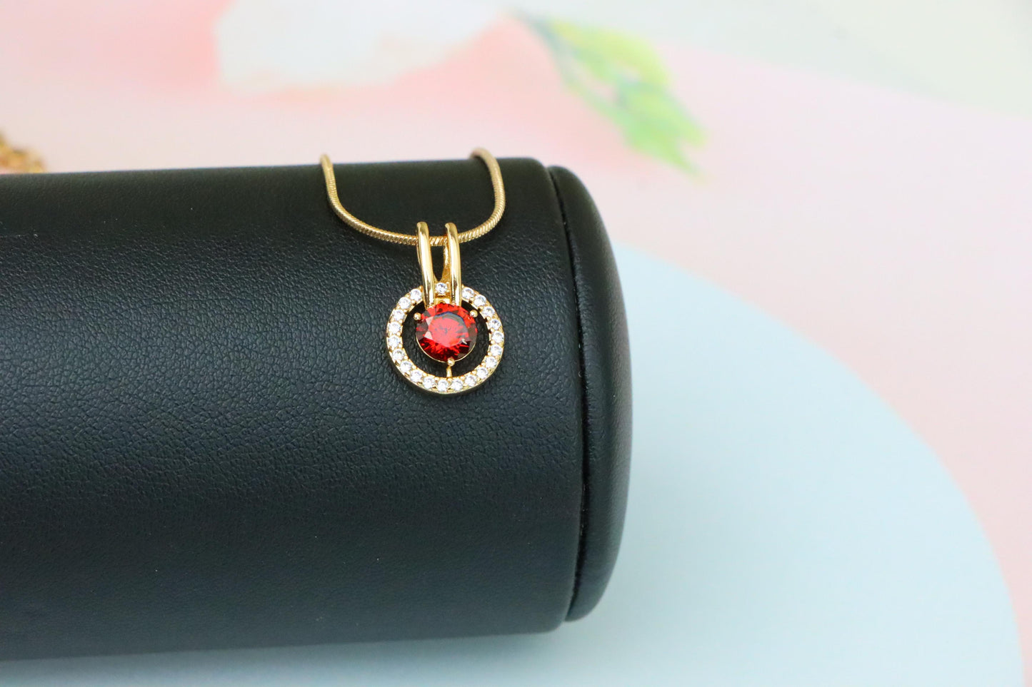 Elegant Red Halo Pendant in Gold Plated Brass with Crystal Accent, XPPT1710 (2150-7)