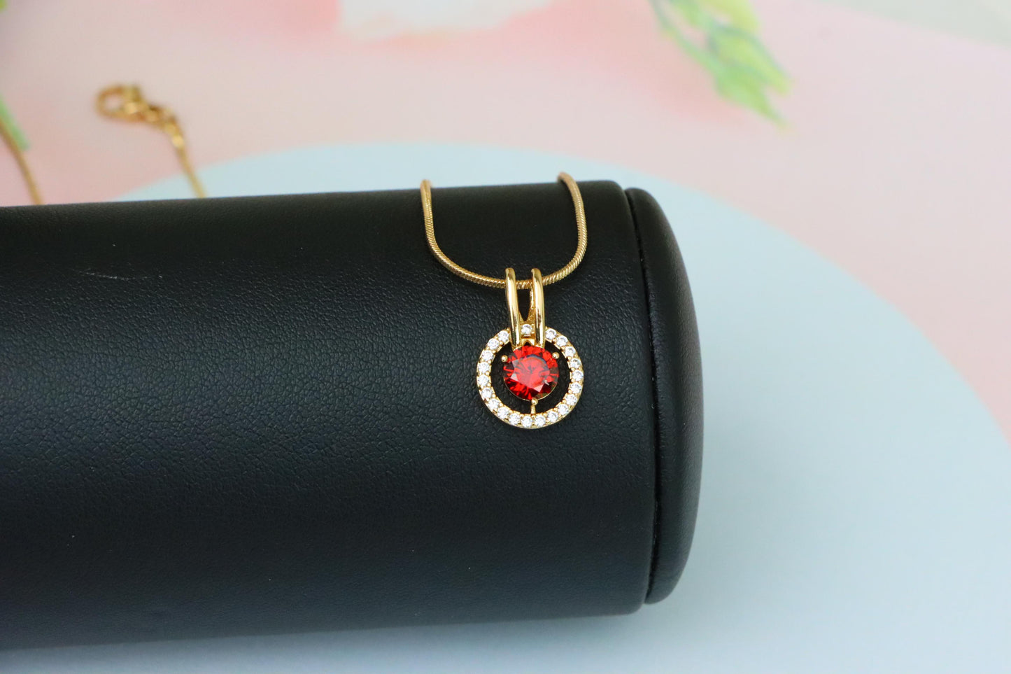 Elegant Red Halo Pendant in Gold Plated Brass with Crystal Accent, XPPT1710 (2150-7)