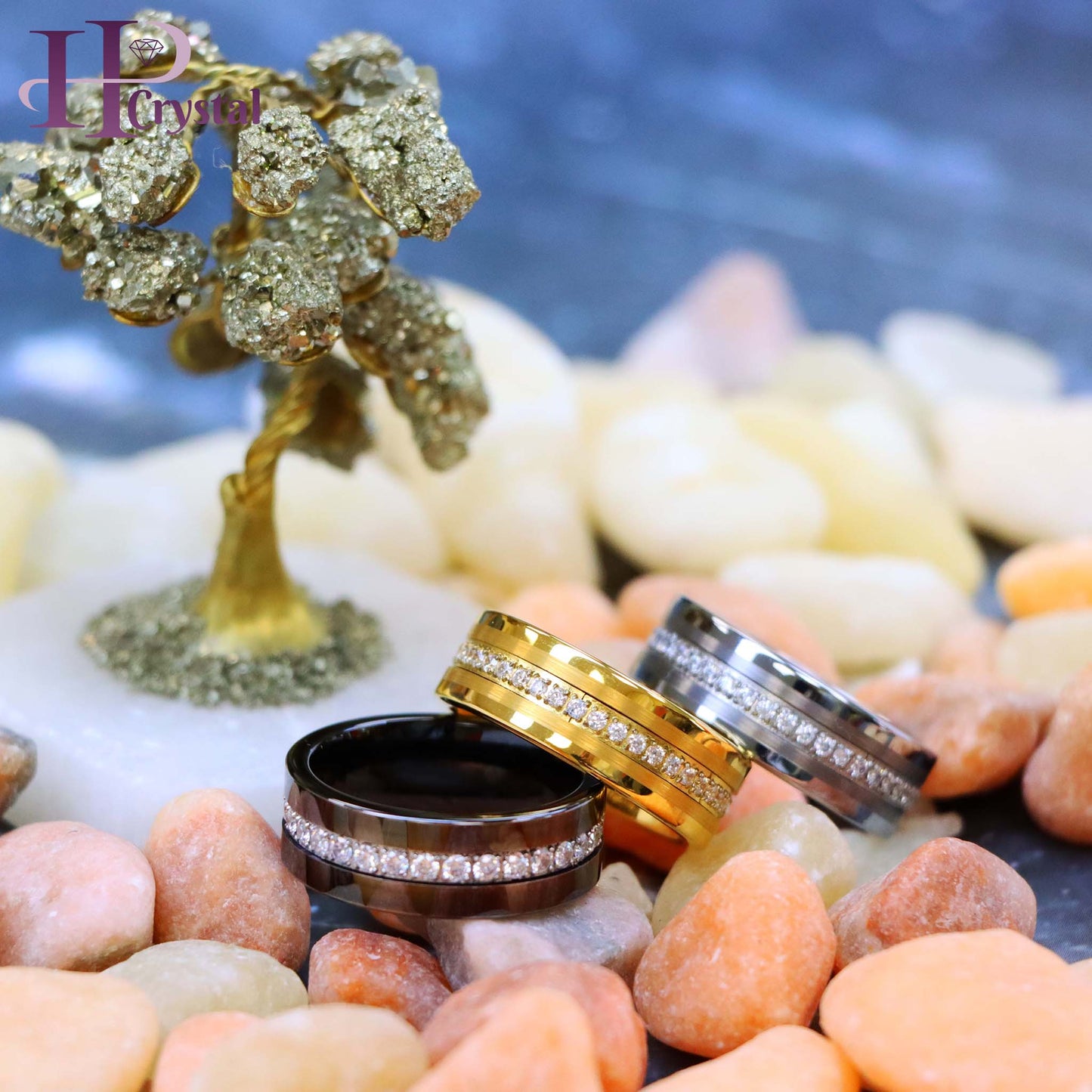 Yellow IP/Silver/Black IP Plated Pipe-Cut Brushed Center Prong-Set Round-Cut Cubic Zirconia Eternity Tungsten Ring