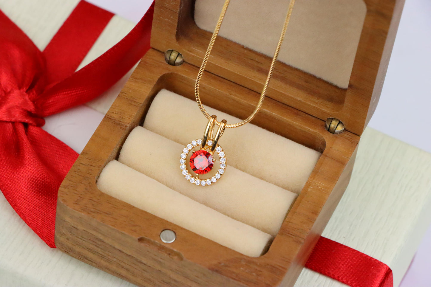 Elegant Red Halo Pendant in Gold Plated Brass with Crystal Accent, XPPT1710 (2150-7)