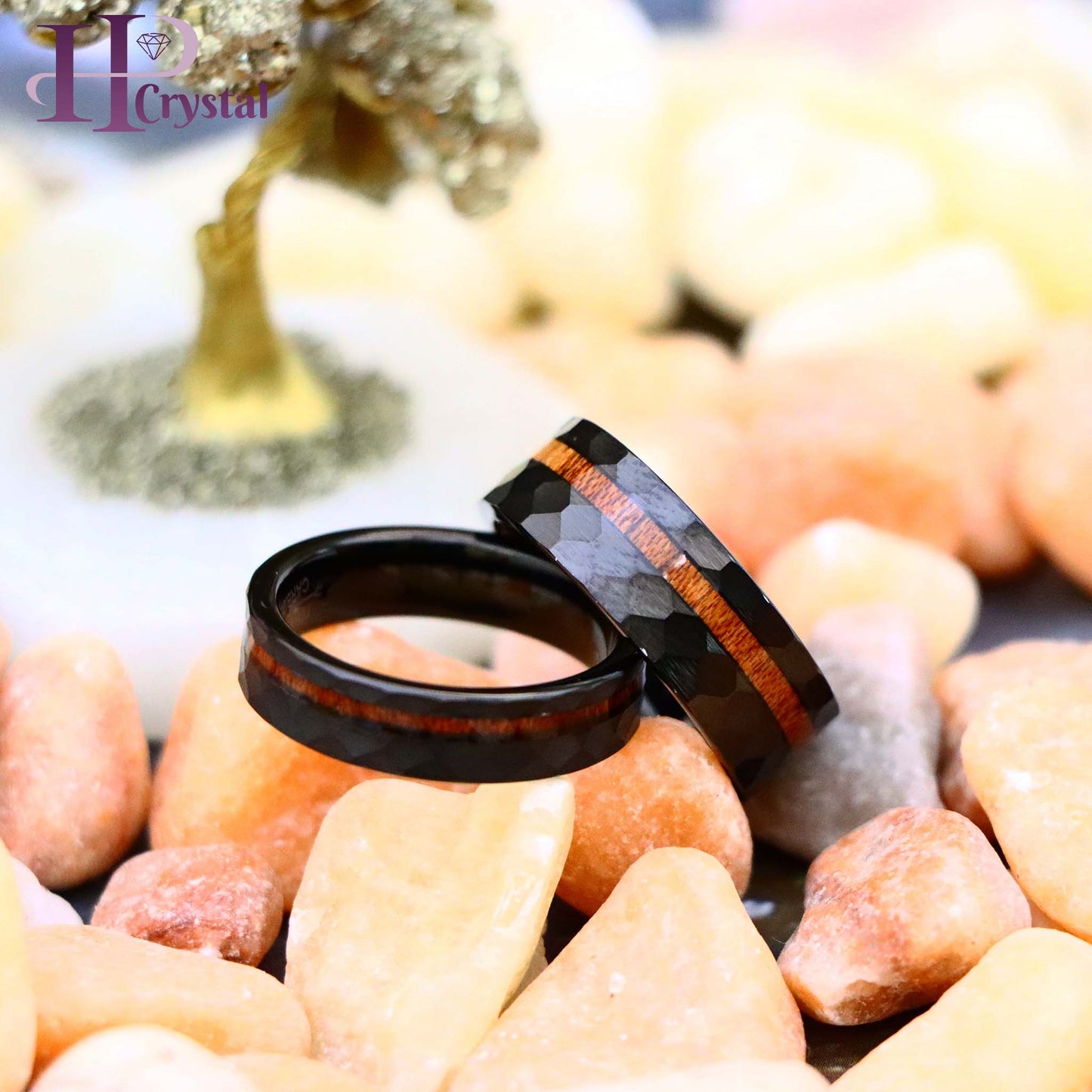 Black IP Plated Hammered Tungsten Ring with Hawaiian Koa Wood Inlay