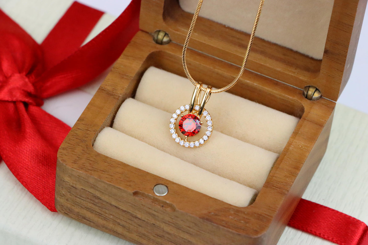 Elegant Red Halo Pendant in Gold Plated Brass with Crystal Accent, XPPT1710 (2150-7)