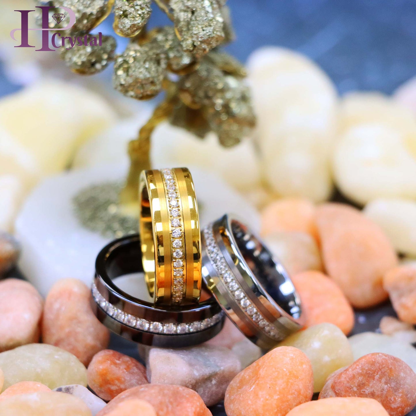 Yellow IP/Silver/Black IP Plated Pipe-Cut Brushed Center Prong-Set Round-Cut Cubic Zirconia Eternity Tungsten Ring
