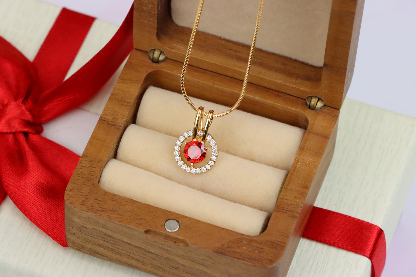Elegant Red Halo Pendant in Gold Plated Brass with Crystal Accent, XPPT1710 (2150-7)