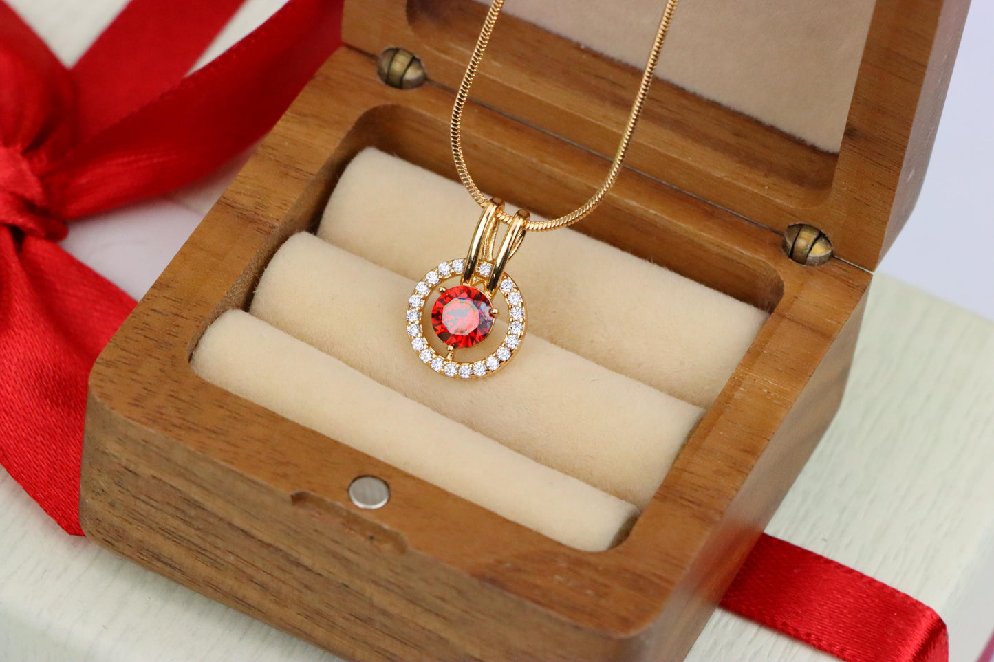 Elegant Red Halo Pendant in Gold Plated Brass with Crystal Accent, XPPT1710 (2150-7)