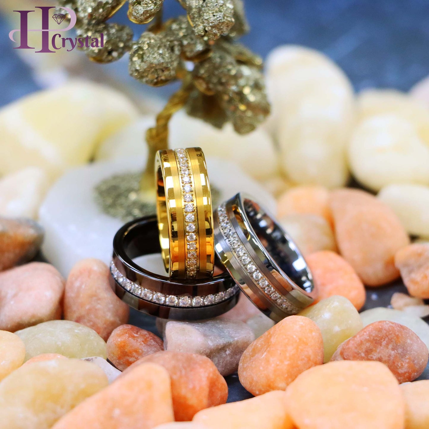 Yellow IP/Silver/Black IP Plated Pipe-Cut Brushed Center Prong-Set Round-Cut Cubic Zirconia Eternity Tungsten Ring
