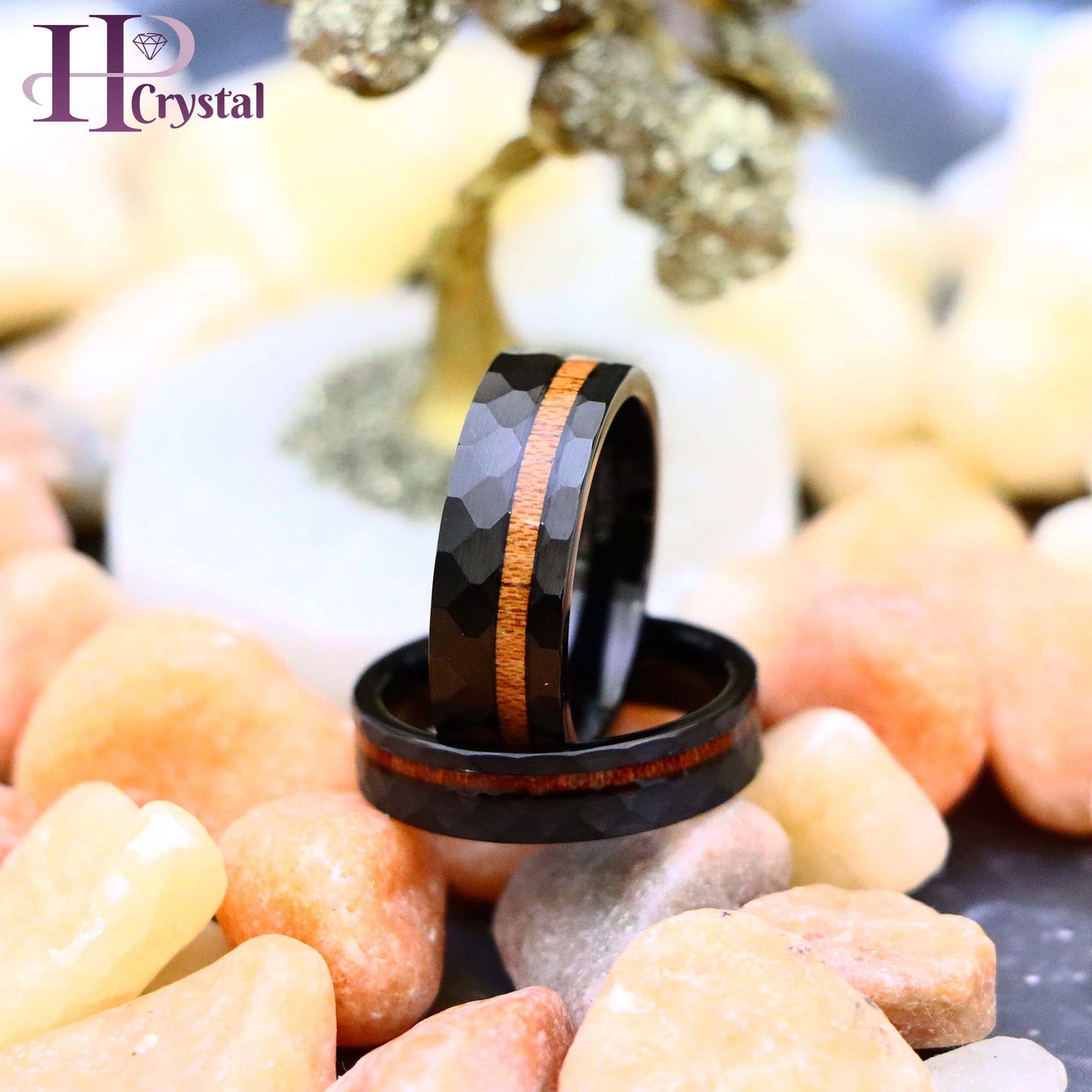 Black IP Plated Hammered Tungsten Ring with Hawaiian Koa Wood Inlay