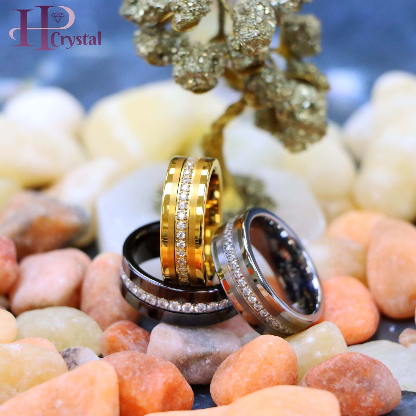 Yellow IP/Silver/Black IP Plated Pipe-Cut Brushed Center Prong-Set Round-Cut Cubic Zirconia Eternity Tungsten Ring