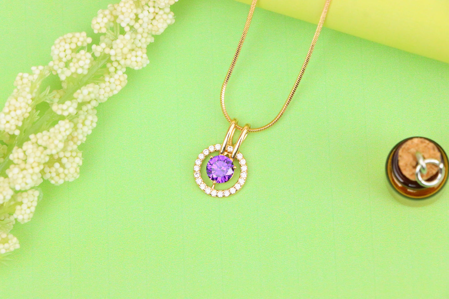 Radiant Purple Halo Pendant in Gold Plated Brass with Crystal Ring, XPPT1711 (2150-7)