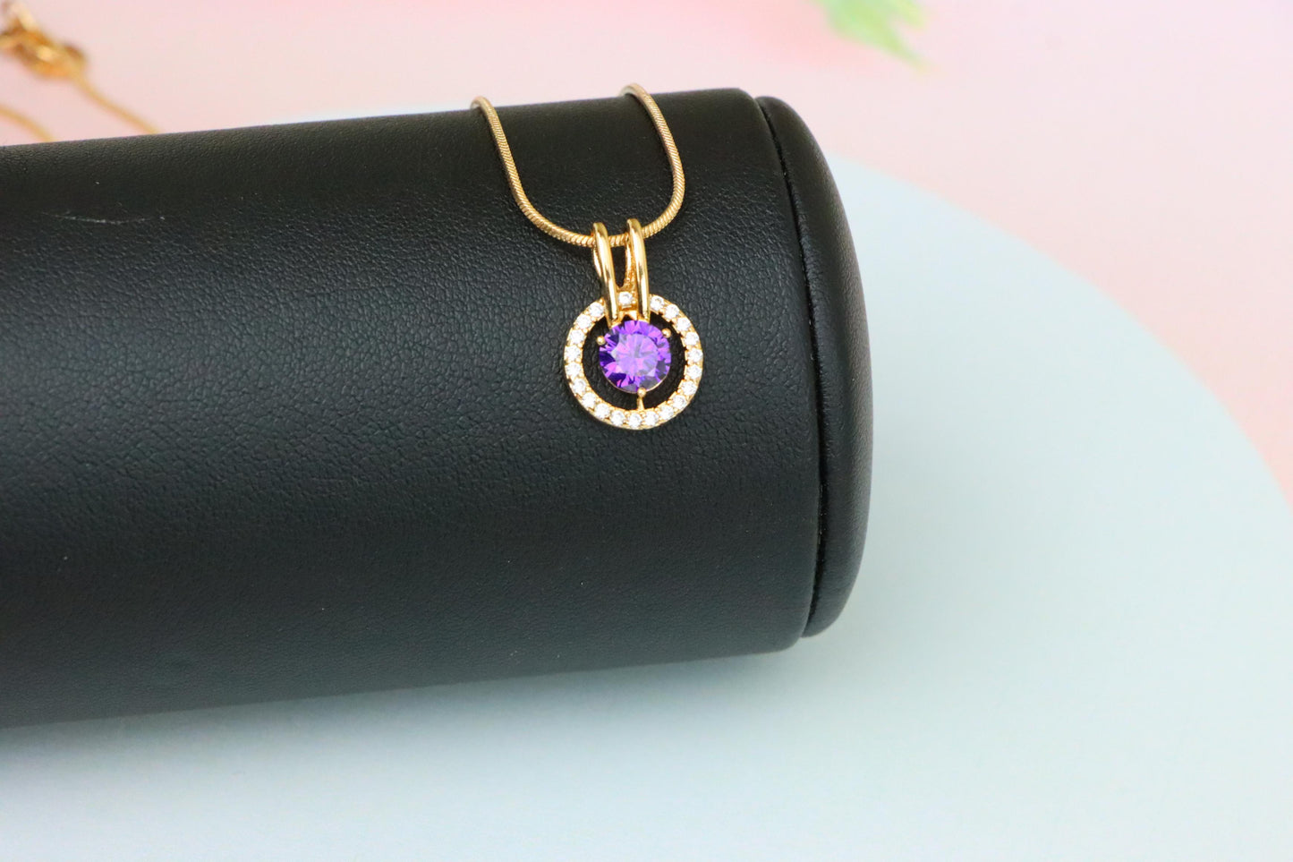 Radiant Purple Halo Pendant in Gold Plated Brass with Crystal Ring, XPPT1711 (2150-7)