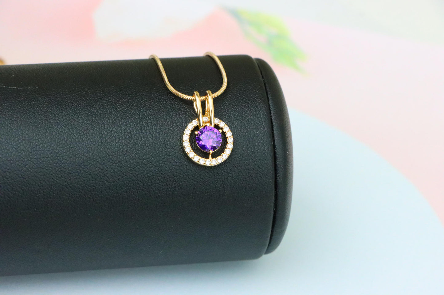 Radiant Purple Halo Pendant in Gold Plated Brass with Crystal Ring, XPPT1711 (2150-7)