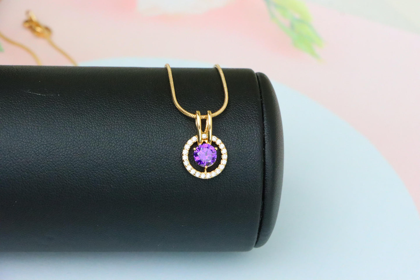 Radiant Purple Halo Pendant in Gold Plated Brass with Crystal Ring, XPPT1711 (2150-7)