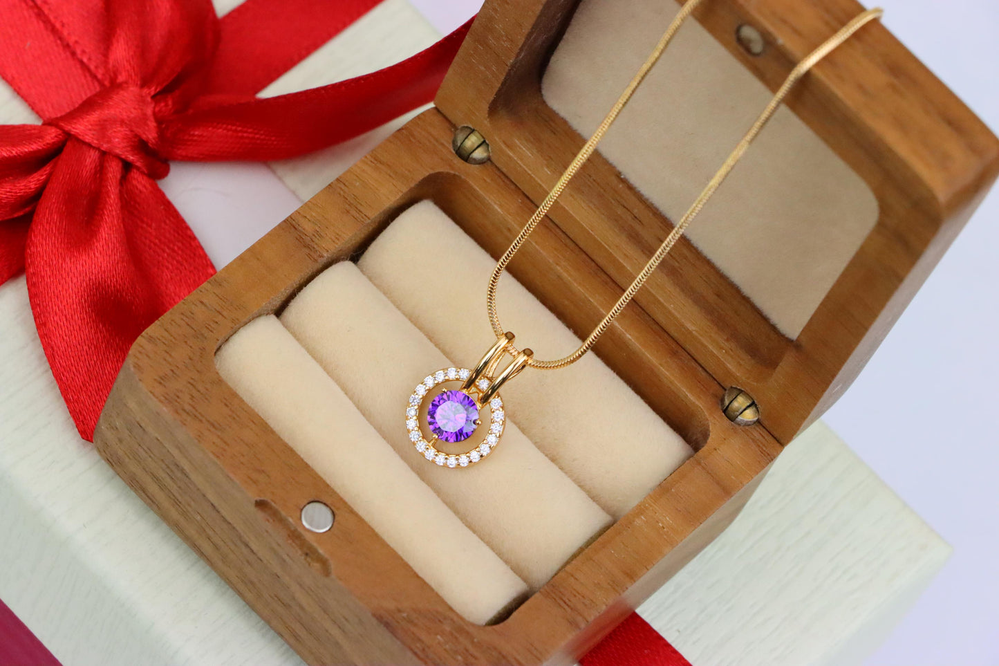Radiant Purple Halo Pendant in Gold Plated Brass with Crystal Ring, XPPT1711 (2150-7)