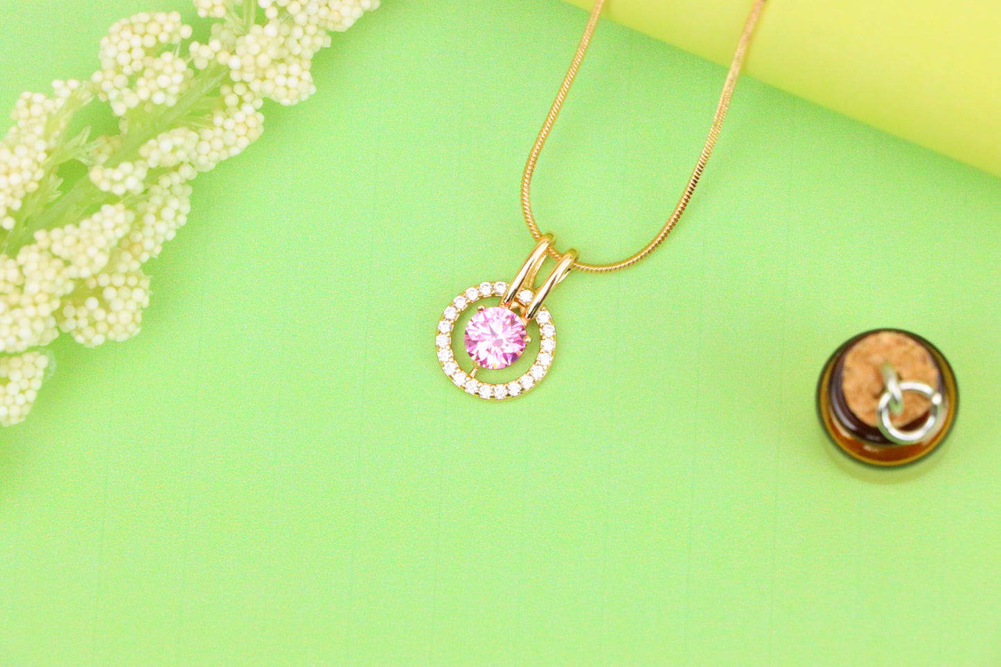 Sparkling Pink Halo Pendant with Gold Plated Brass Frame, XPPT1712 (2150-7)