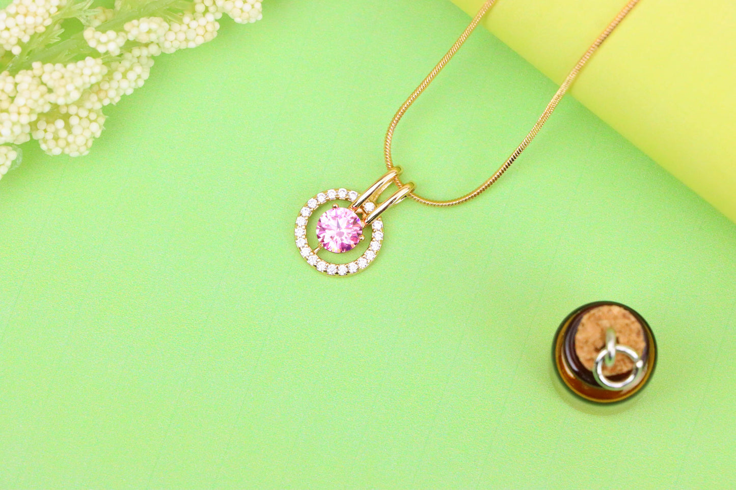 Sparkling Pink Halo Pendant with Gold Plated Brass Frame, XPPT1712 (2150-7)
