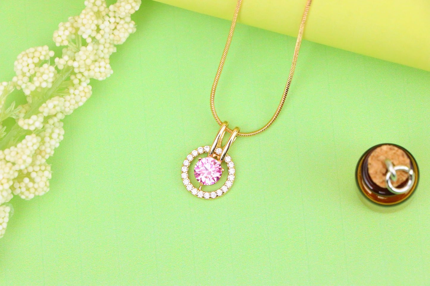 Sparkling Pink Halo Pendant with Gold Plated Brass Frame, XPPT1712 (2150-7)
