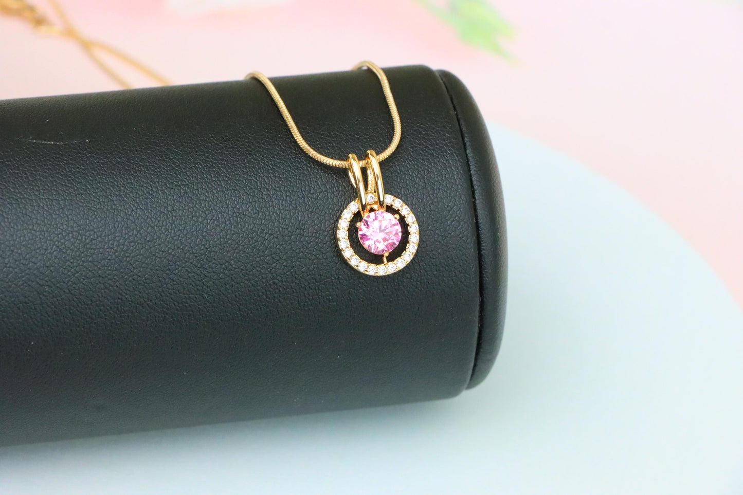 Sparkling Pink Halo Pendant with Gold Plated Brass Frame, XPPT1712 (2150-7)